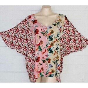 NWT Umgee Spring Garden V neck Dolman Sleeve Pullover Rayon Crepe Top M L